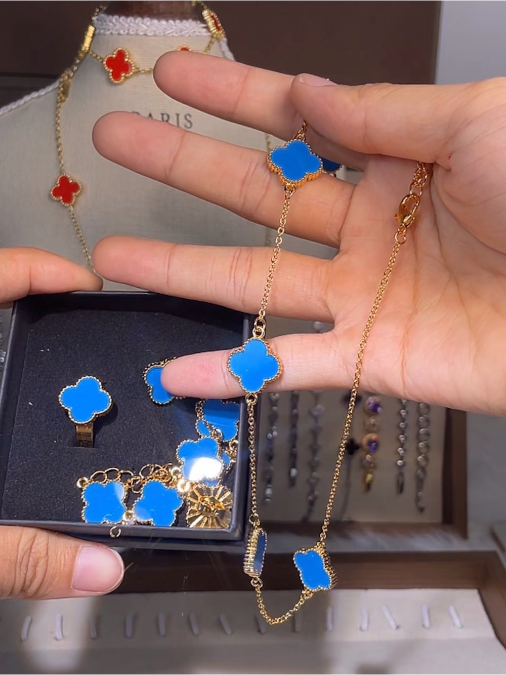 Blue Clover Motif Gold Necklace and Ring Set
